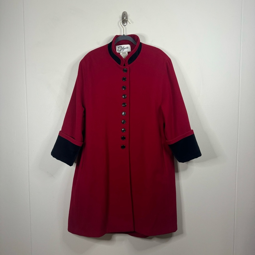Vintage Sieberts Red/Black Trim Long Wool Flared Swing Coat Woman's Size 16